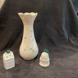 Belleek Classic Daisy tall vase and 2 Christmas ornaments  ornaments are bells